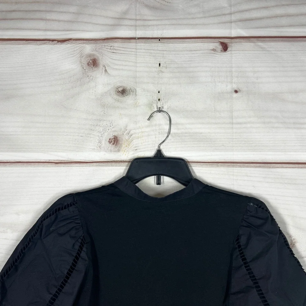 LOFT Mixed Media Puff Sleeve Top Womens Small‎ Black Solid V-Neck Cotton Preppy